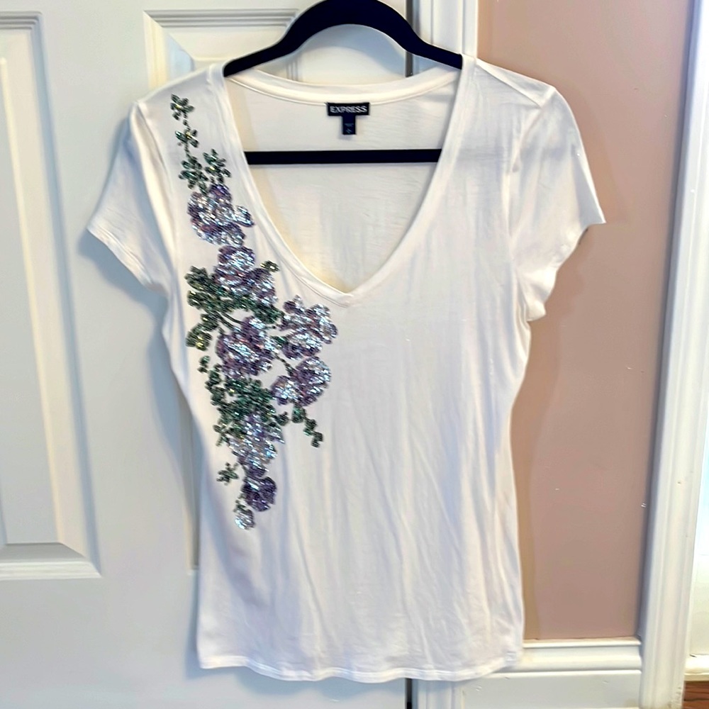 Express White Tee with Purple Floral Design